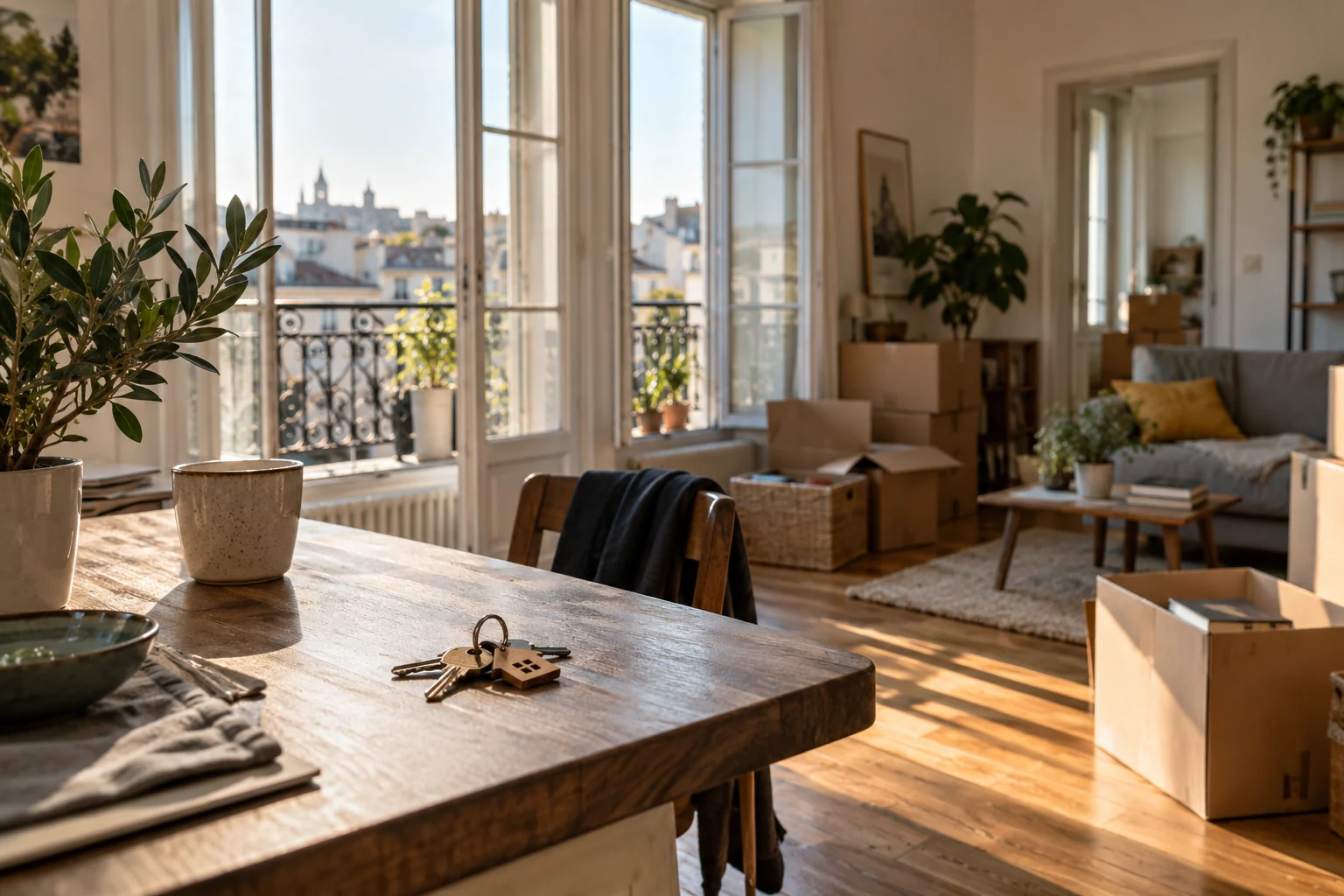Illustration d’un appartement lumineux avec des cartons de déménagement