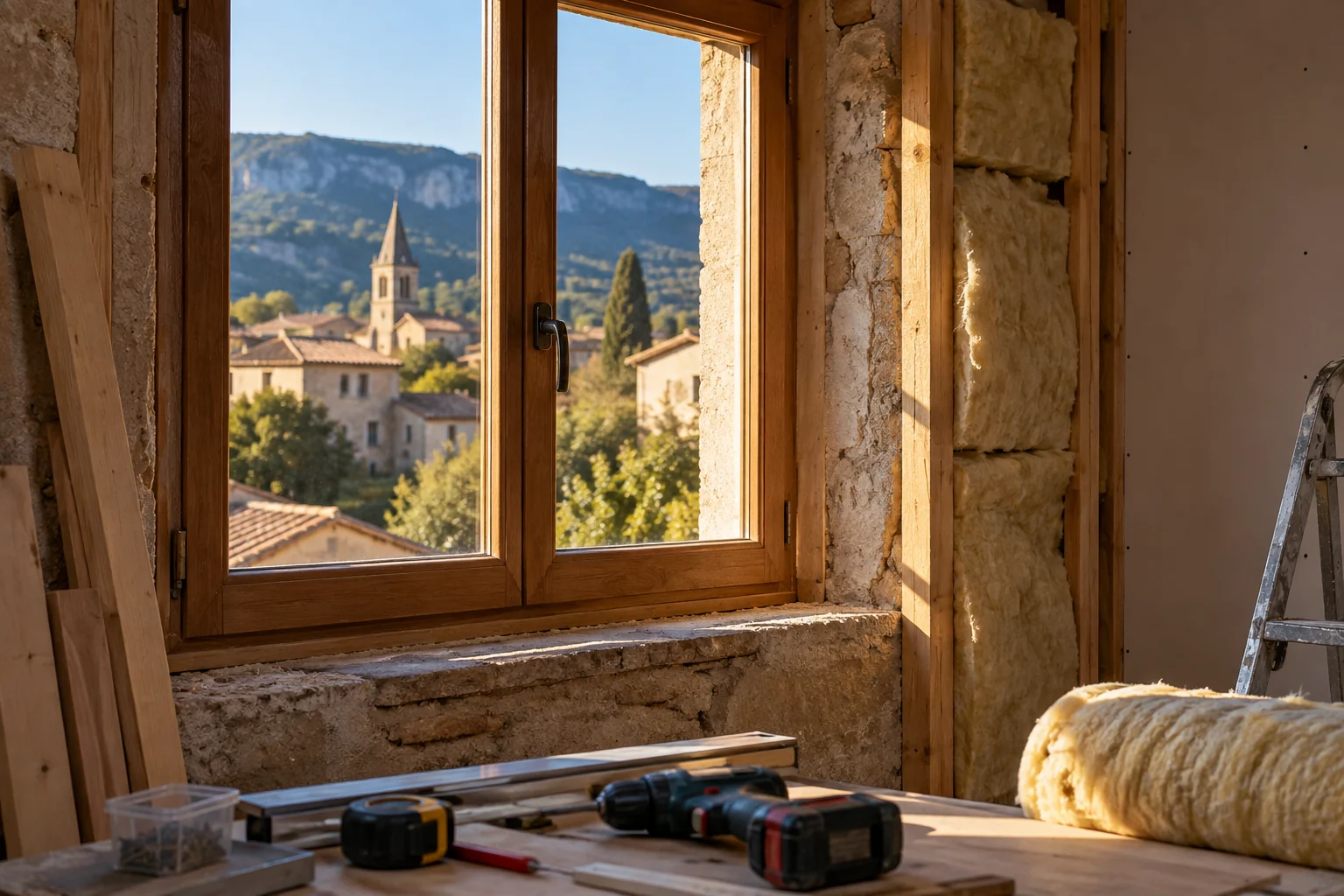 Vue sur un village depuis une fenêtre