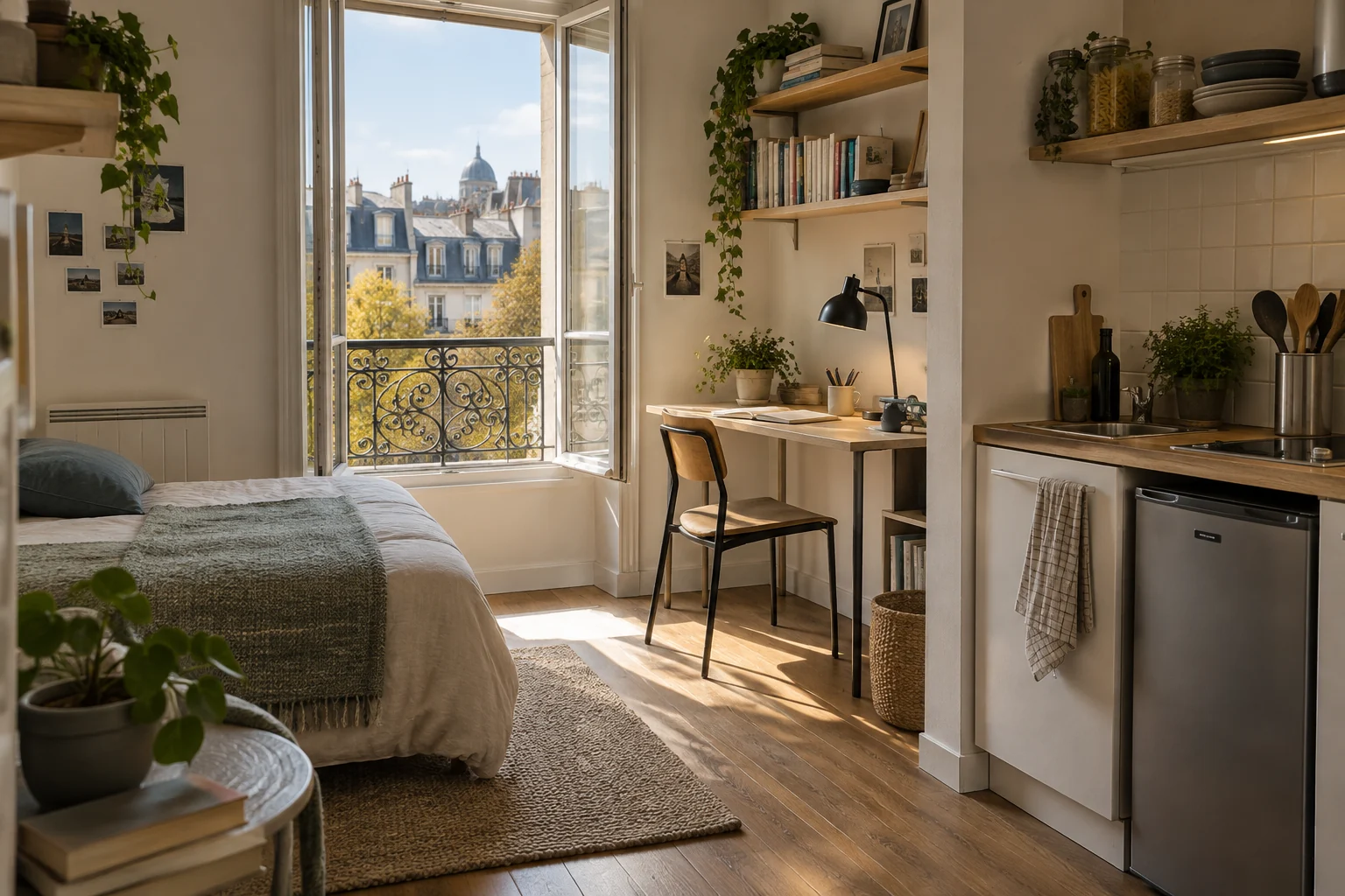 Illustration d’un studio étudiant avec un bureau près d’une fenêtre